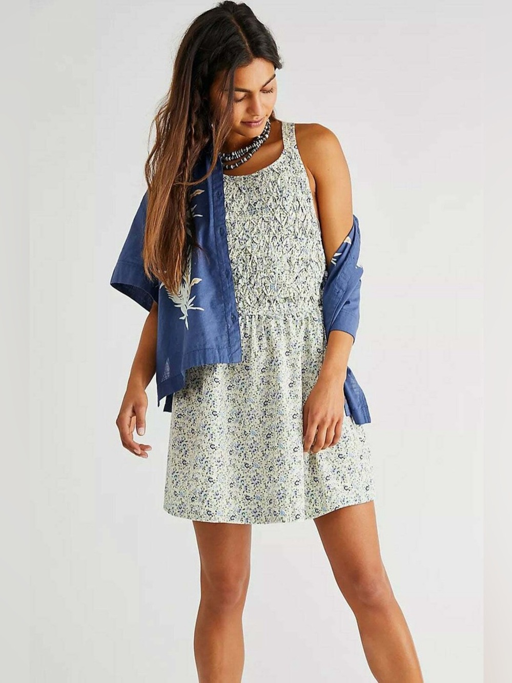 Free People | NWT Boho Blue Cream Floral Cross-Back Apron Sundress